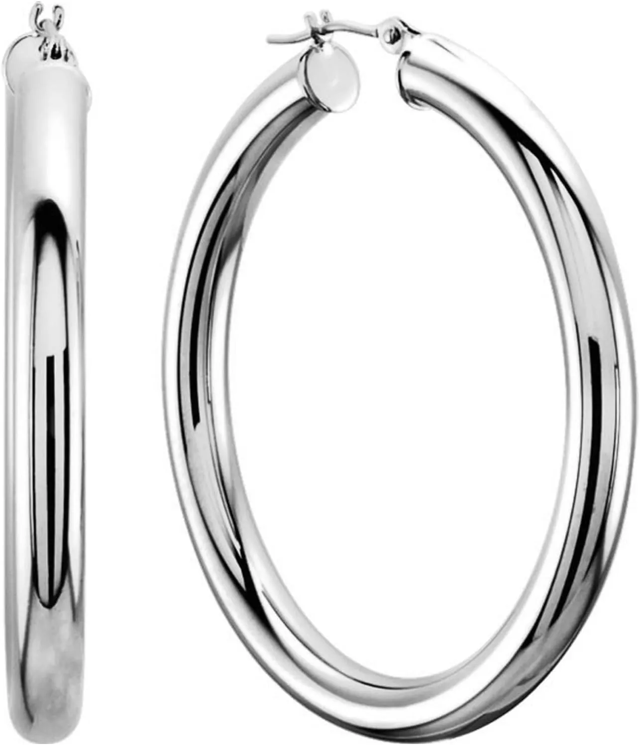 10k White Gold 3mm Shiny Round Tube Hoop Earrings, Diameter 30mm