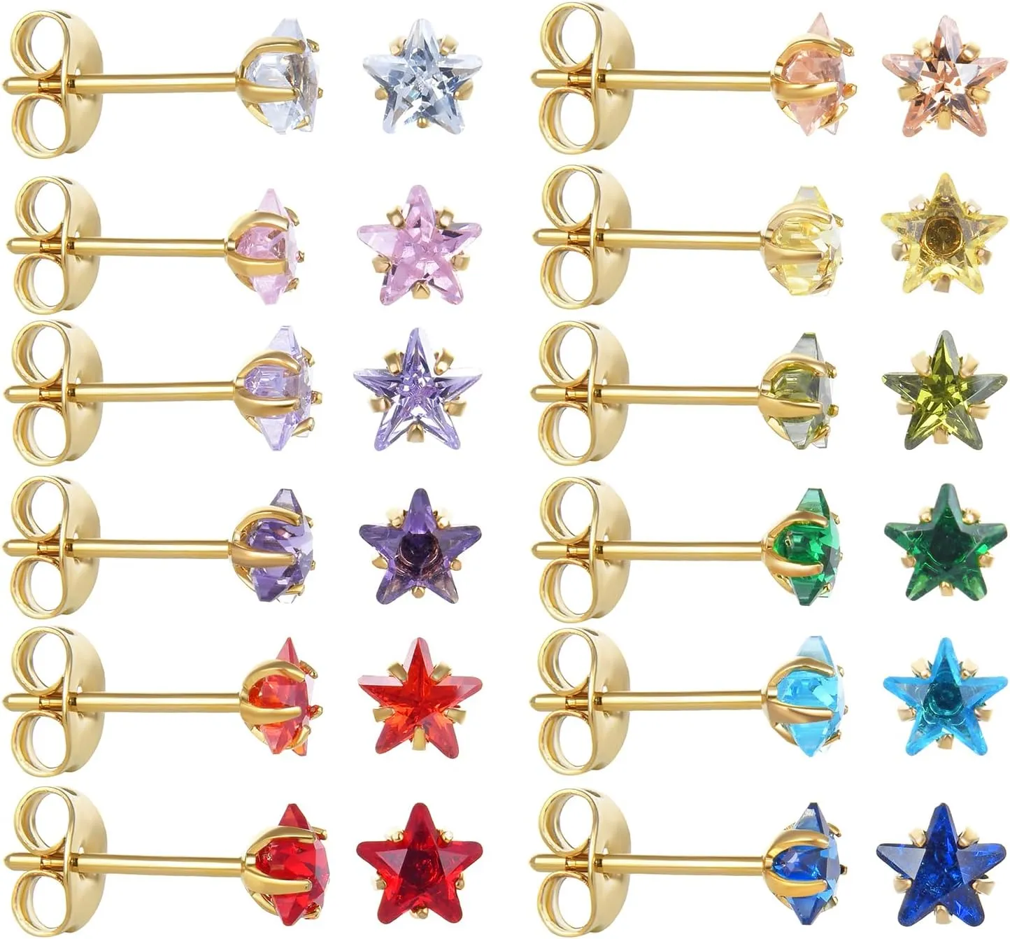 12 Pairs 18K Gold Plated Surgical Stainless Steel Stud Earring Cubic Zirconia Birthstone Stud Earrings Set for Women