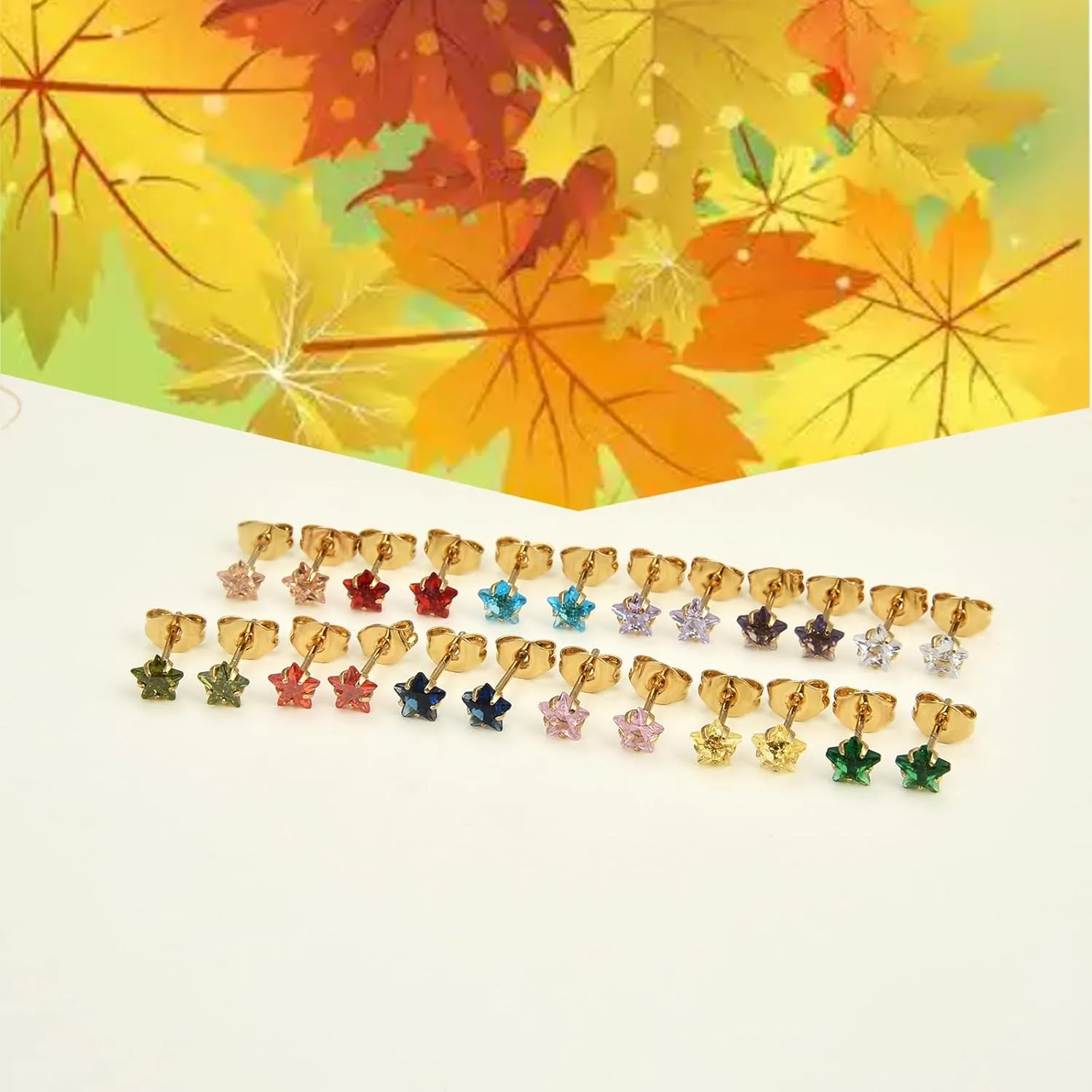 12 Pairs 18K Gold Plated Surgical Stainless Steel Stud Earring Cubic Zirconia Birthstone Stud Earrings Set for Women