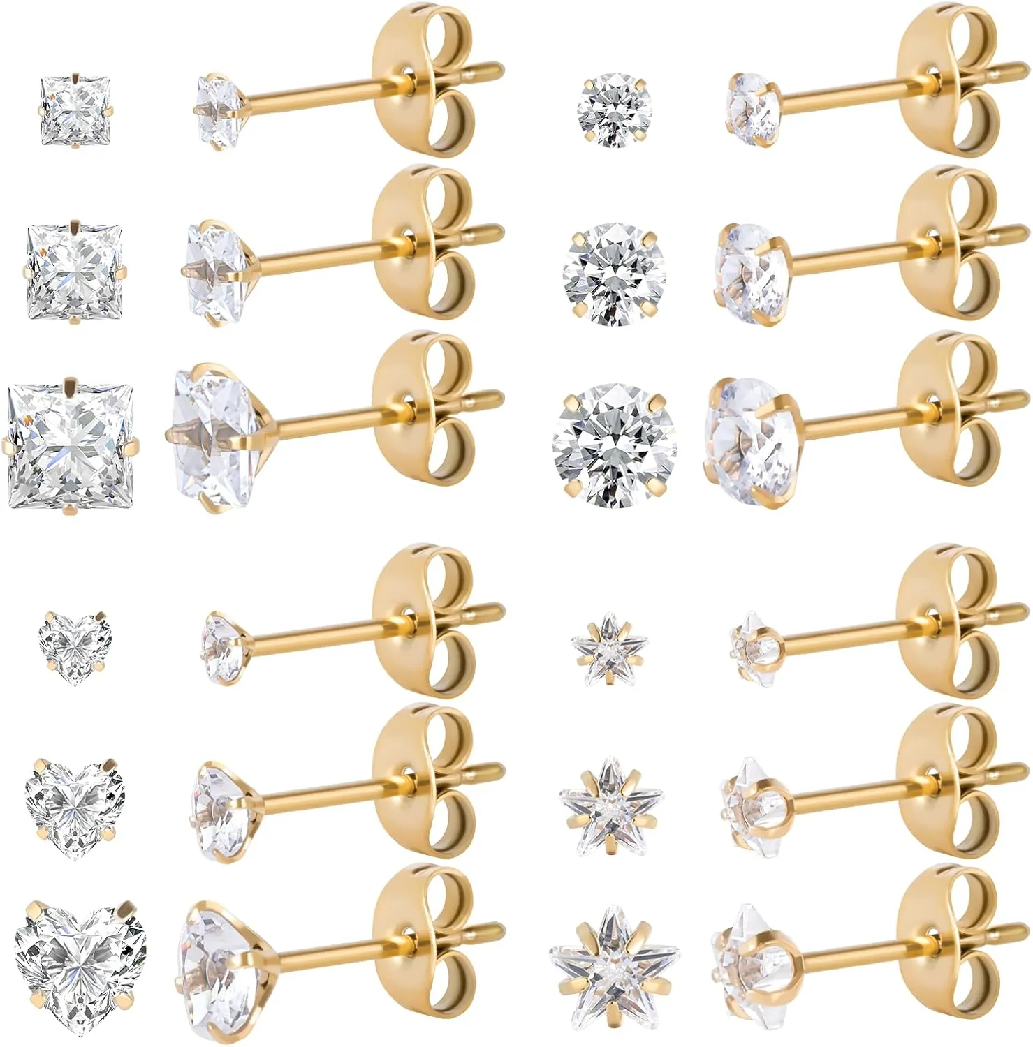 12 Pairs Surgical Stainless Steel Screw back Stud Earrings, 18K Gold Black Plated Star Heart Square Princess Cut Round Cubic Zirconia CZ Stud Earrings Set