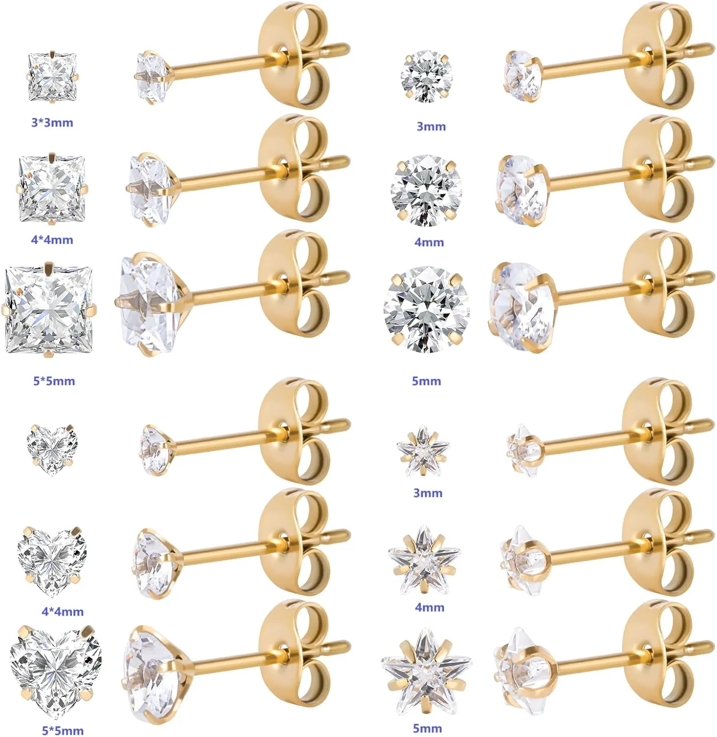 12 Pairs Surgical Stainless Steel Screw back Stud Earrings, 18K Gold Black Plated Star Heart Square Princess Cut Round Cubic Zirconia CZ Stud Earrings Set