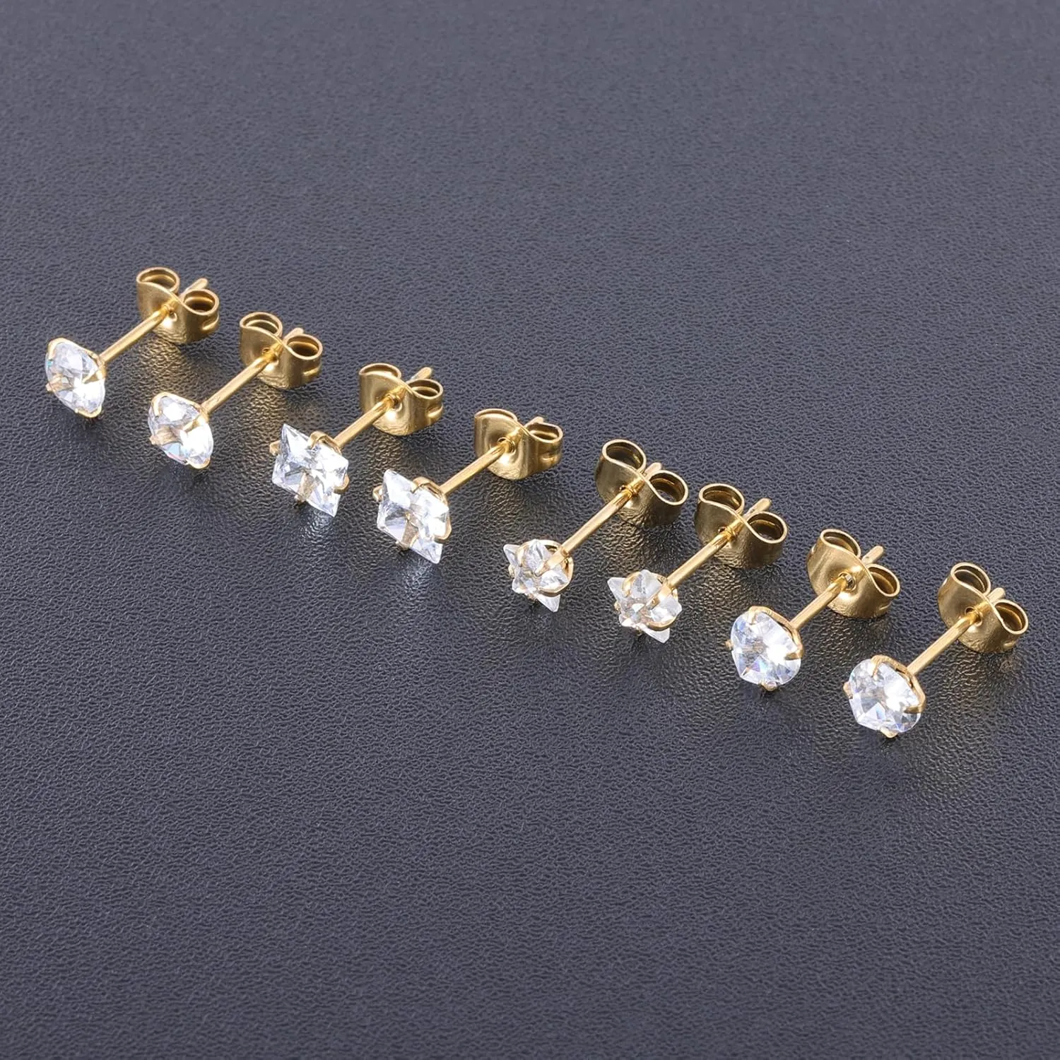 12 Pairs Surgical Stainless Steel Screw back Stud Earrings, 18K Gold Black Plated Star Heart Square Princess Cut Round Cubic Zirconia CZ Stud Earrings Set
