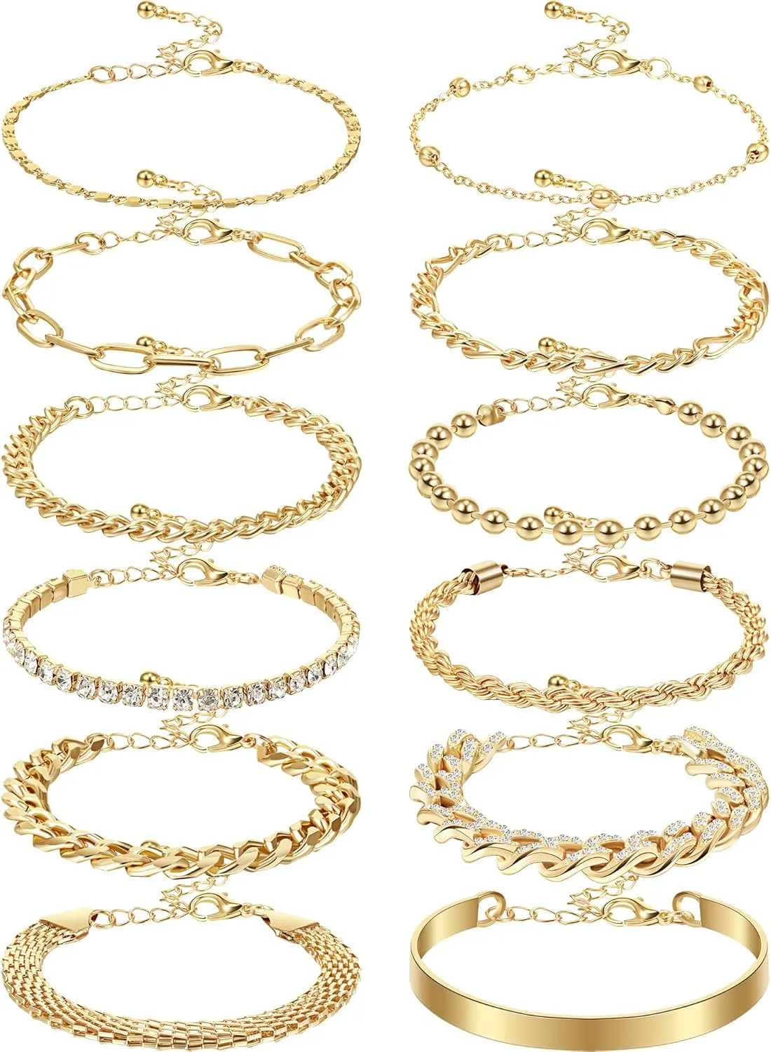 12 Pcs Dainty Gold Bracelets Set for Women Adjustable 14K Gold Plated Link Chain Bracelets Punk Gold Jewelry Fashion Beaded Bracelets for Gift Bangle Halloween(Hi-Pop Style)