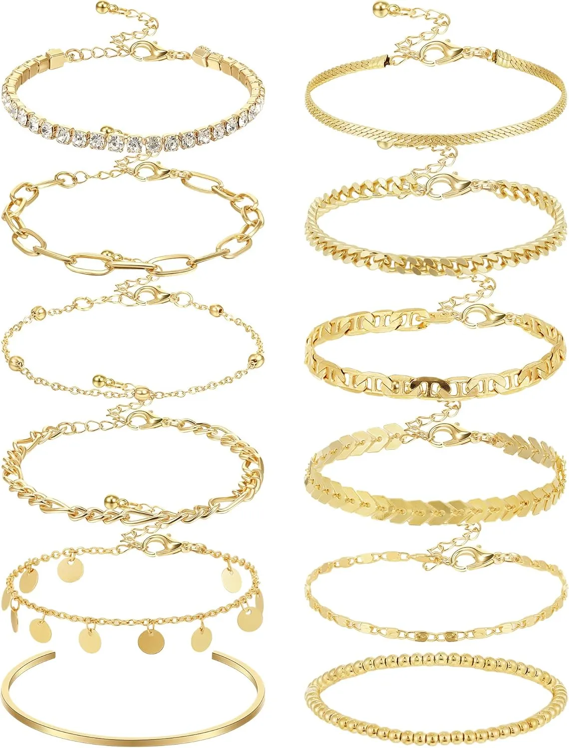 12 Pcs Dainty Gold Bracelets Set for Women Adjustable 14K Gold Plated Link Chain Bracelets Punk Gold Jewelry Fashion Beaded Bracelets for Gift Bangle Halloween(Thin Style)