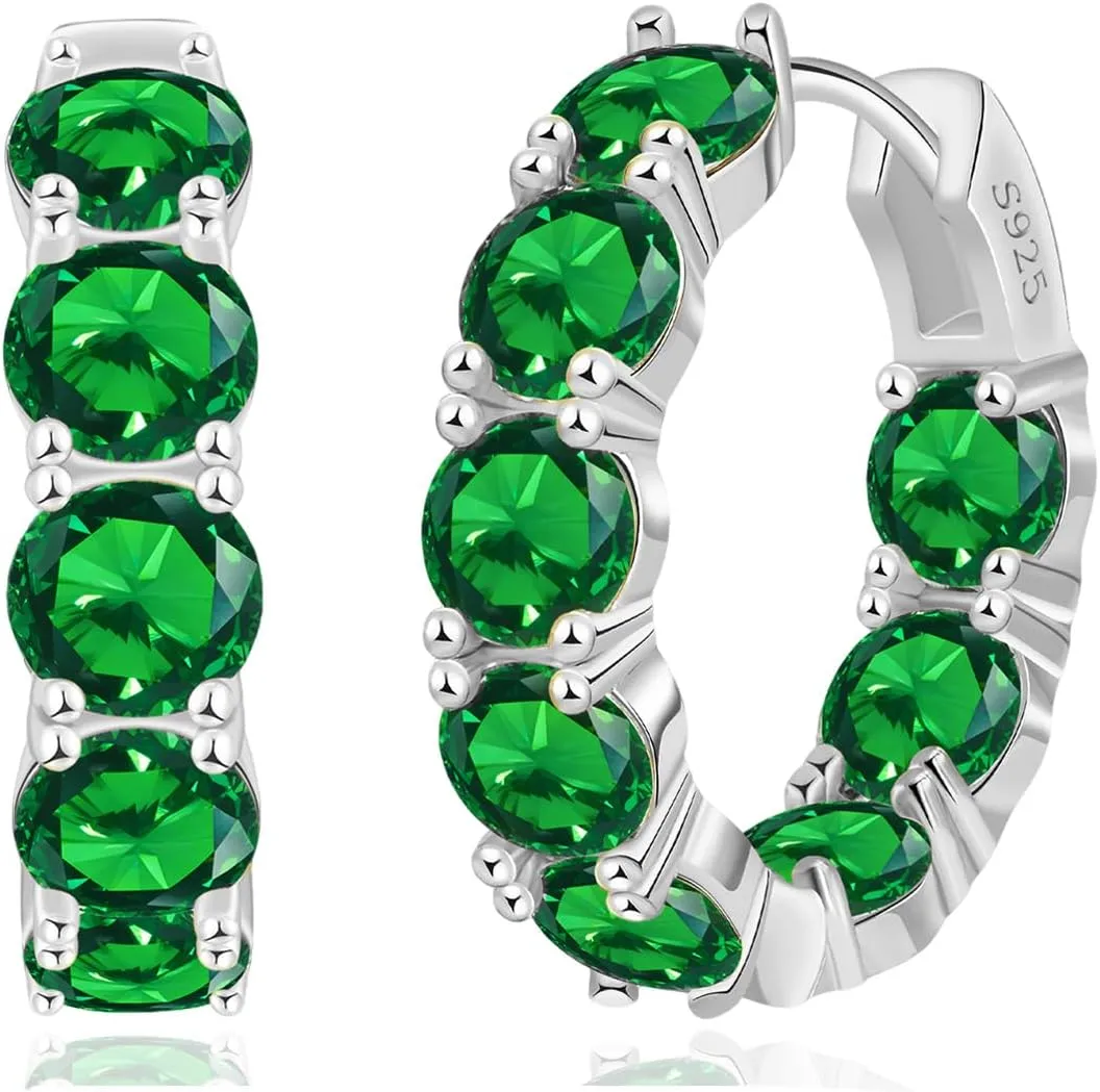 14K Gold Plated Hoop Earrings for Women,Silver Huggie Earrings for Women Cubic Zirconia Small Earring CZ Inside-Outside Hoop Earring Green Earring