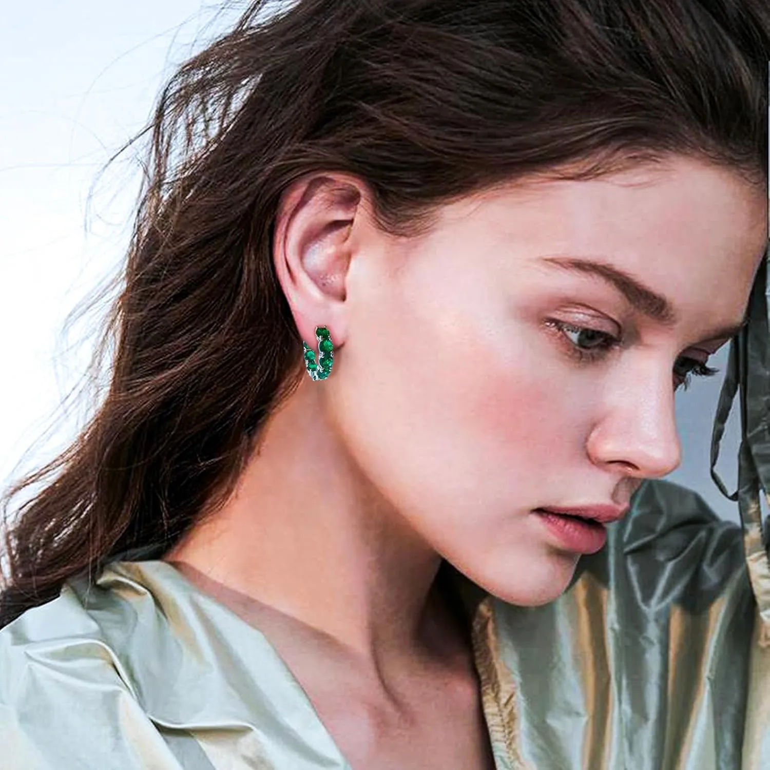 14K Gold Plated Hoop Earrings for Women,Silver Huggie Earrings for Women Cubic Zirconia Small Earring CZ Inside-Outside Hoop Earring Green Earring
