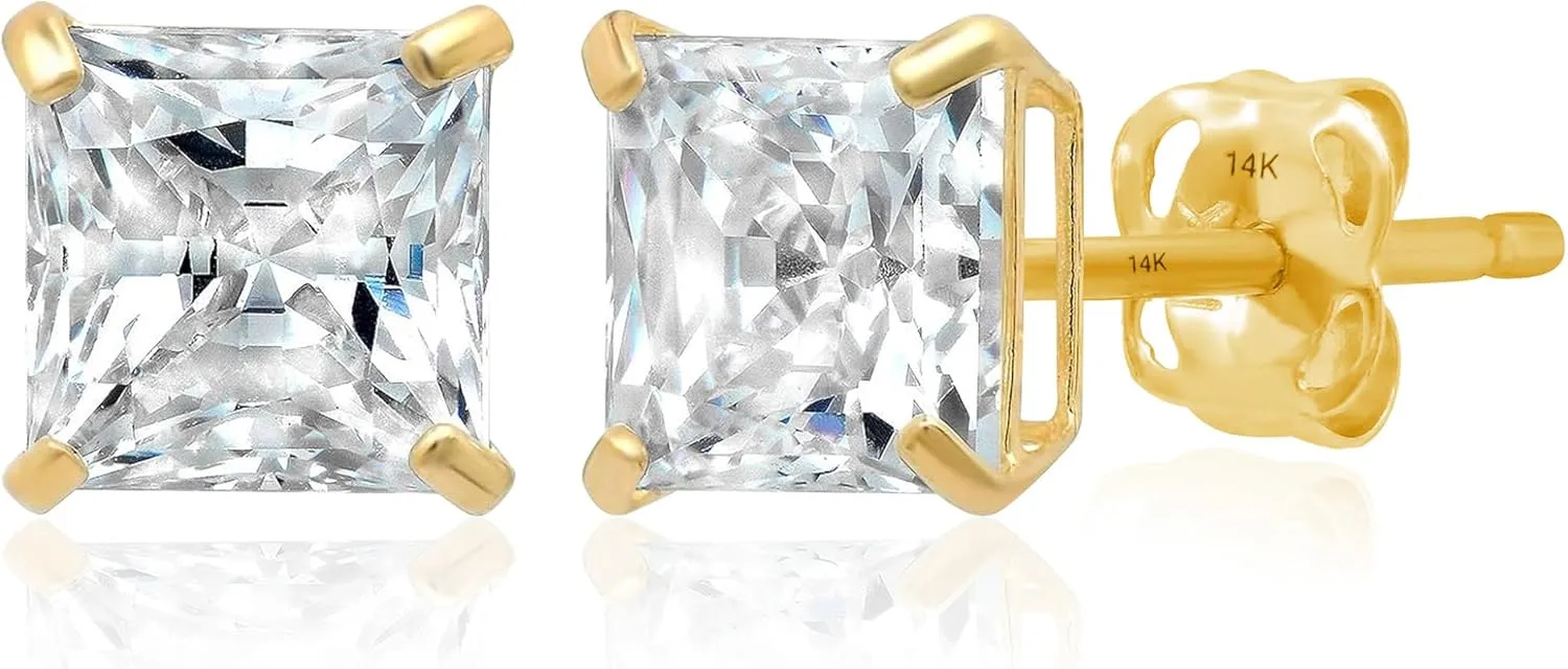 14K Gold Princess Cut CZ Stud Earrings for Women & Men | Cubic Zirconia Earrings Studs | 4MM-7MM CZ Gold Earrings by MAX   STONE