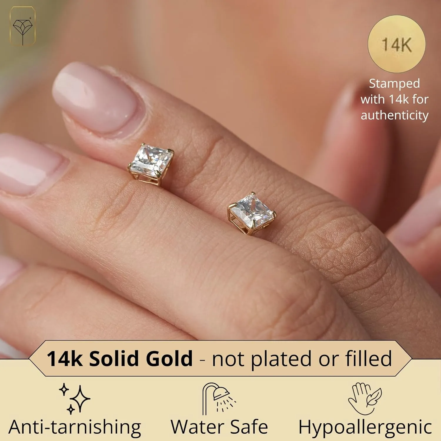 14K Gold Princess Cut CZ Stud Earrings for Women & Men | Cubic Zirconia Earrings Studs | 4MM-7MM CZ Gold Earrings by MAX   STONE