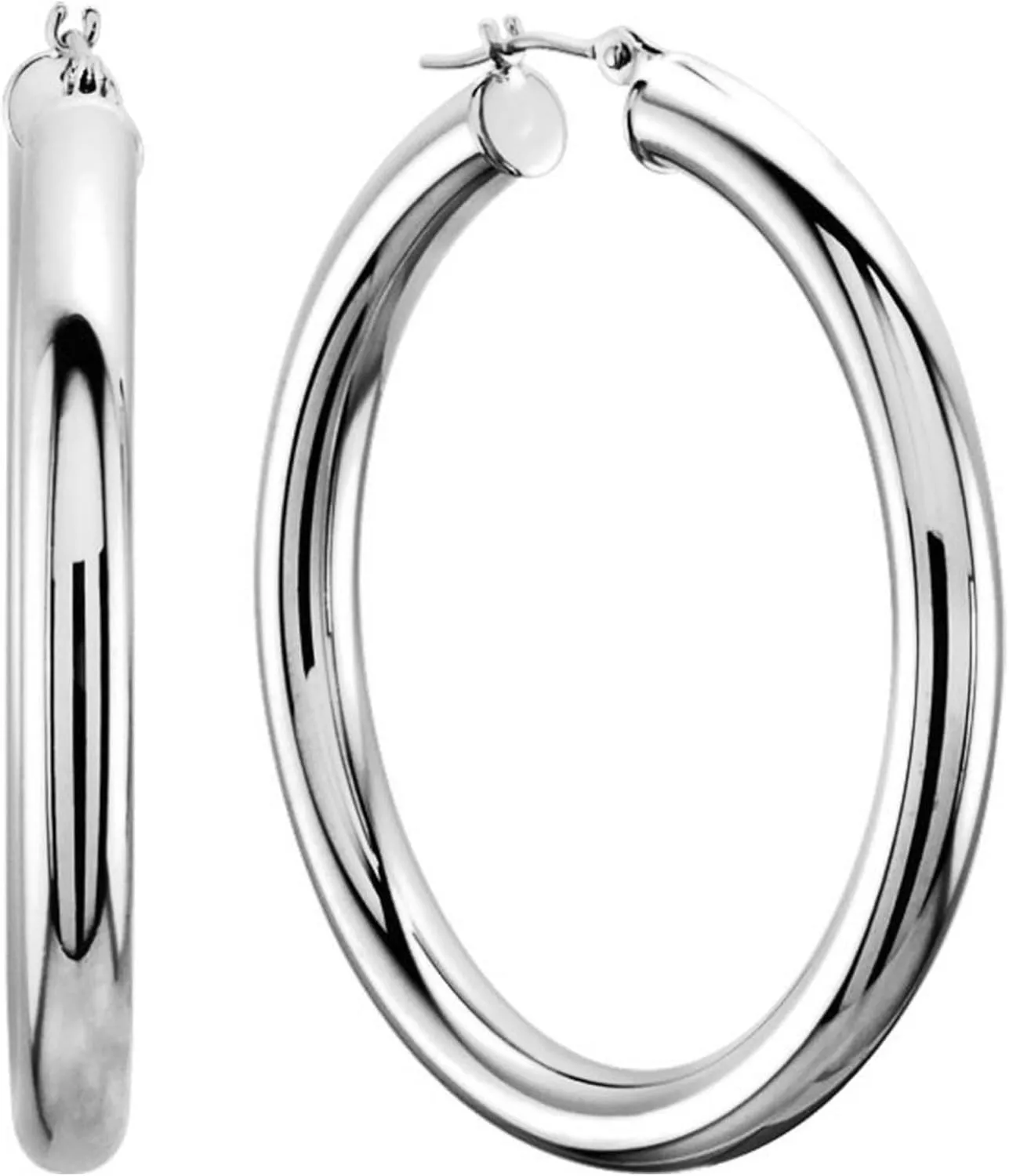 14K White Gold 4MM Shiny Round Tube Hoop Earrings, 25mm