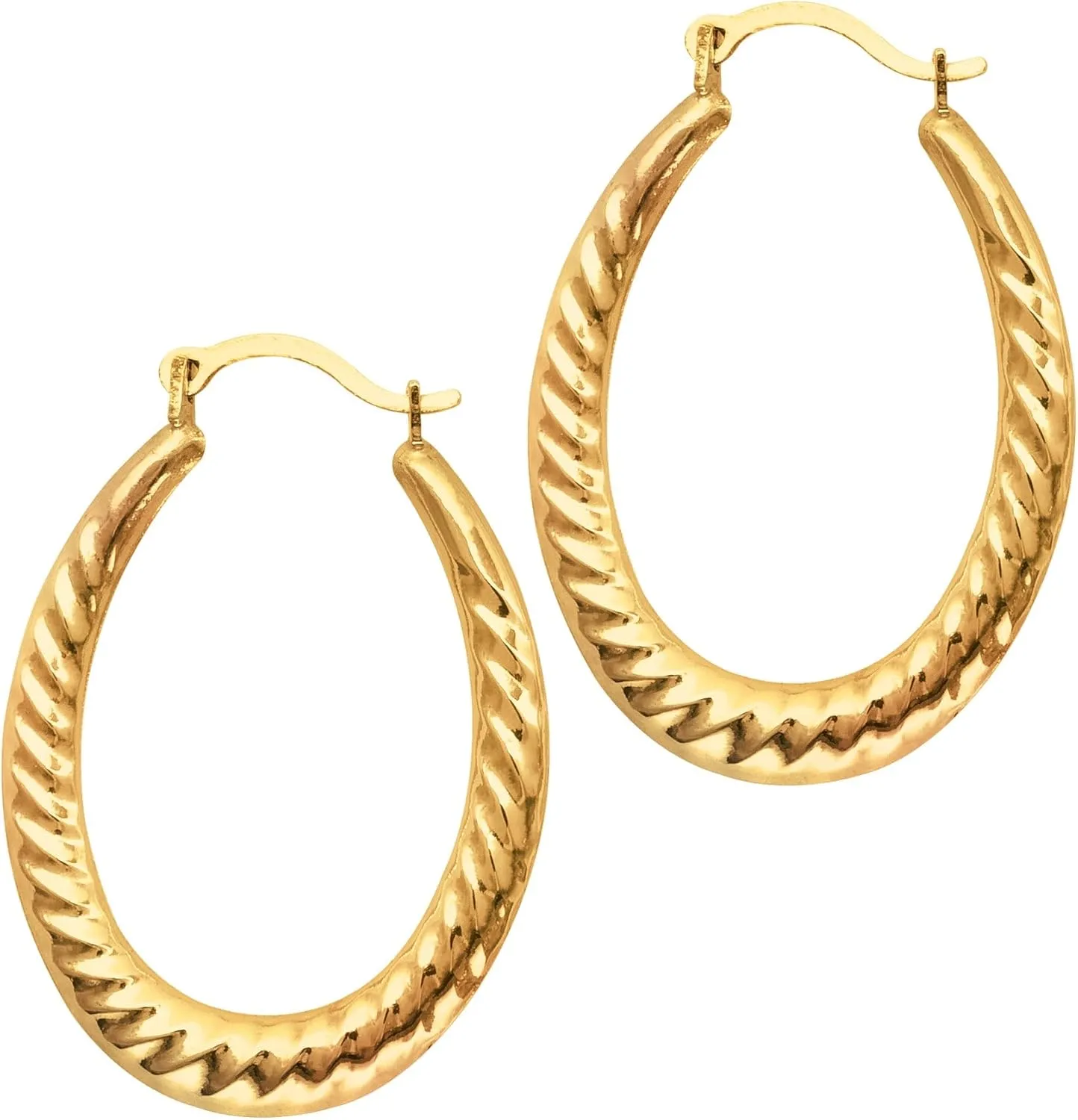 14K Yellow Gold Shiny Textured Oval Shape Hoop Earrings, Length 30mm