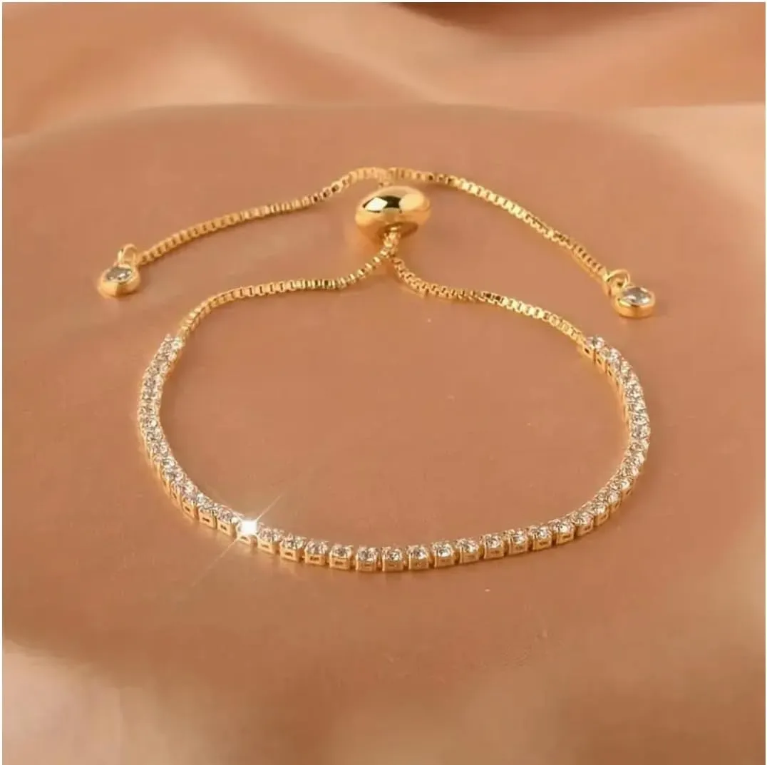 18K Gold Plated Adjustable Tennis Bracelets for Women - 18K Gold Bracelet with Shiny Brillant Cubic Zirconia - Adjustable Slider - Gold Tennis Bracelet - Mothers Day Gifts