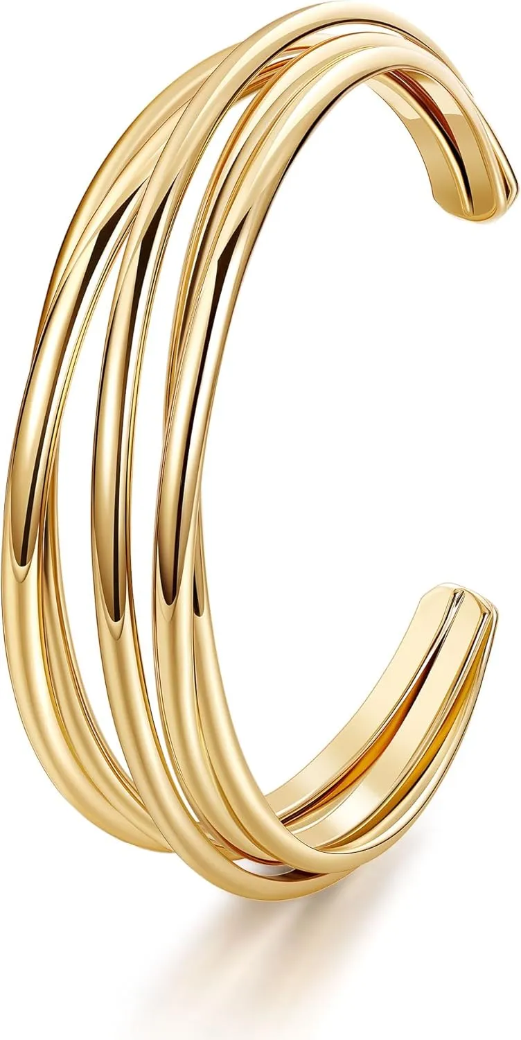 18K Gold Plated Cuff Bracelets for Women Open Adjustable Gold Cuff Bangle Bracelets Thick Hammered Wrist Cuff Bracelets Thin Minimalist Gold Cuff Bracelet