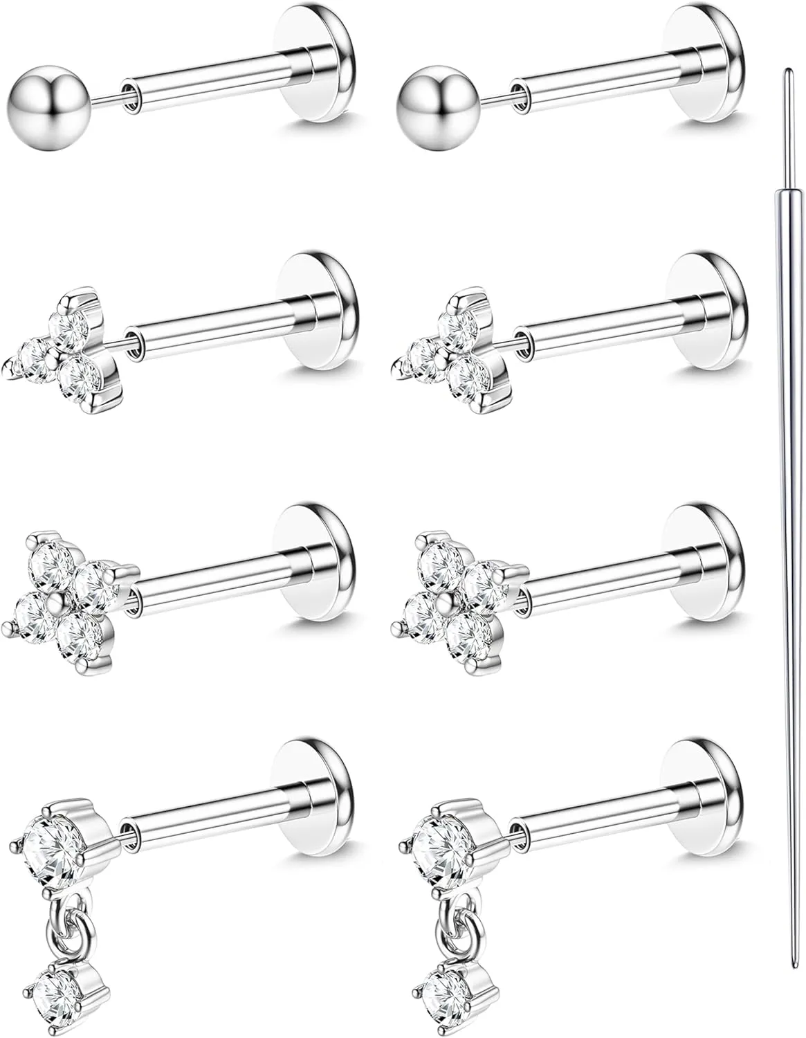 18K Gold Plated Threadless Flat Back Earrings Studs 316L Surgical Steel Push in Nose Studs Rings 20G 18G 16G CZ Tragus Cartilage Helix Conch Lip Labret Medusa Nostril Piercing Jewelry Hypoallergenic
