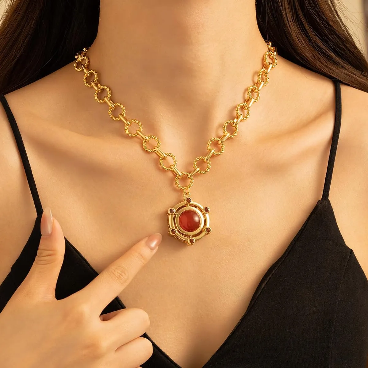 18K Gold-tone Plated Agate Necklaces for Women |Statement Gemstone Pendant Necklace | Carnelian, Green, Black Necklace Healing Crystals Fashion Birthday Valentines Gift