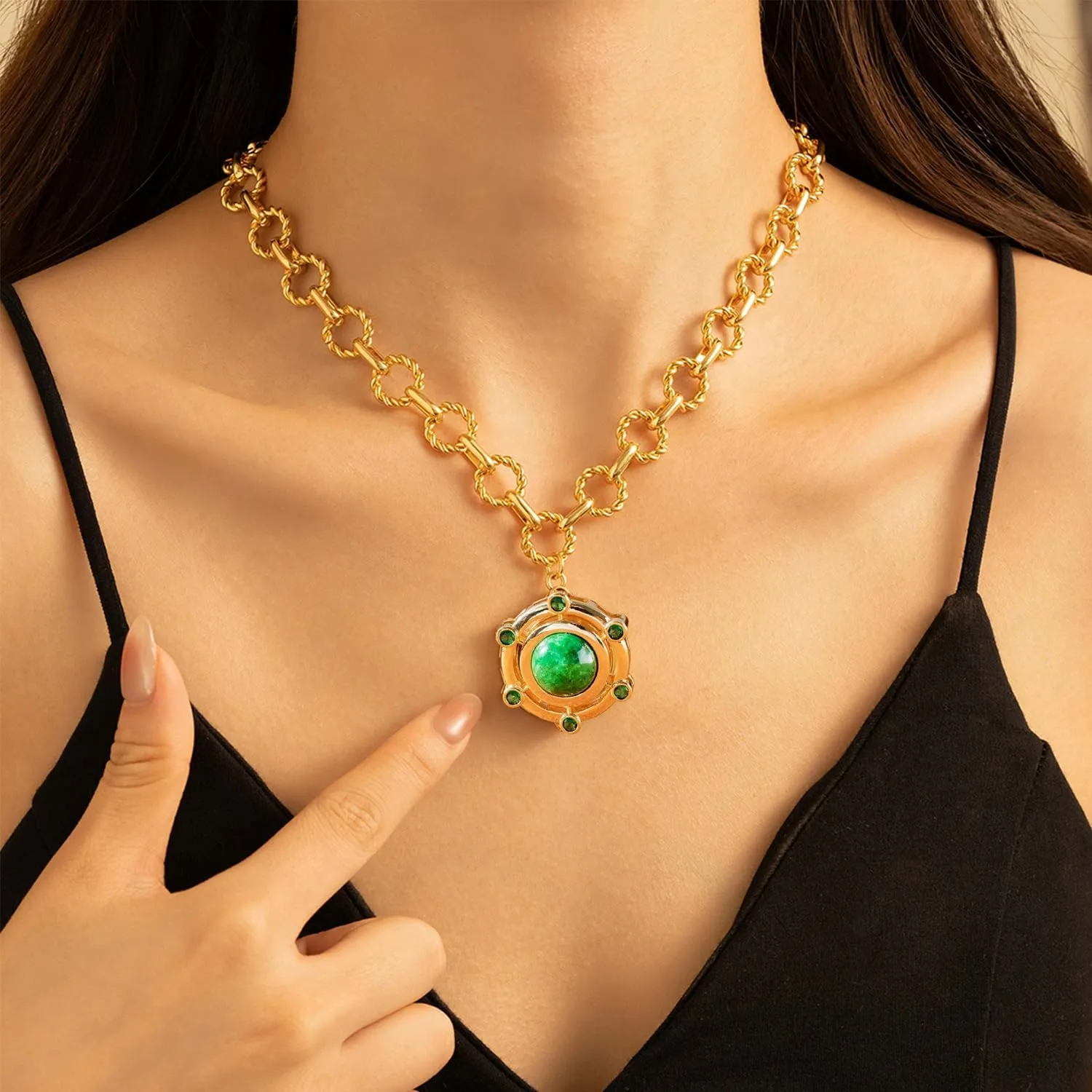 18K Gold-tone Plated Agate Necklaces for Women |Statement Gemstone Pendant Necklace | Carnelian, Green, Black Necklace Healing Crystals Fashion Birthday Valentines Gift