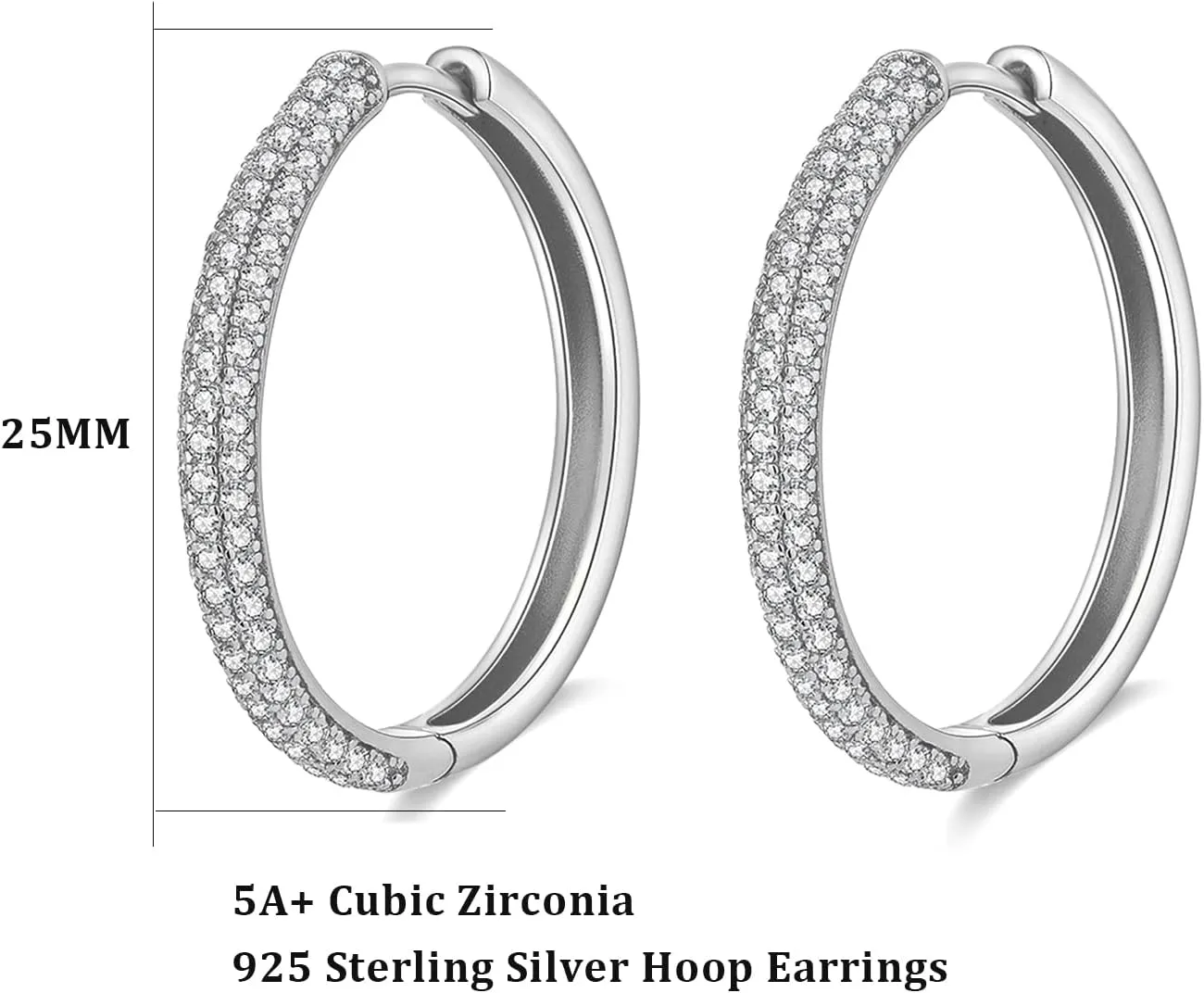18K White Gold Plated Hoop Earring for Women, 925 Sterling Silver Cubic Zirconia CZ Hoop Jewelry, Thin & Wide Hoops 20MM 25MM 28MM