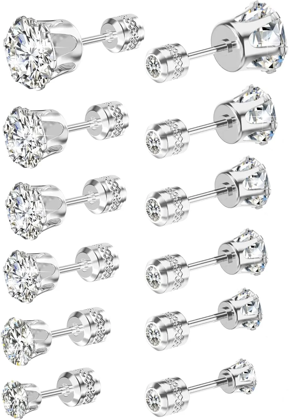 18K White Gold Plated Square Cubic Zirconia Studs Hypoallergenic Mens Earrings, Stainless Steel Stud Earrings Set for Men 6 Pairs