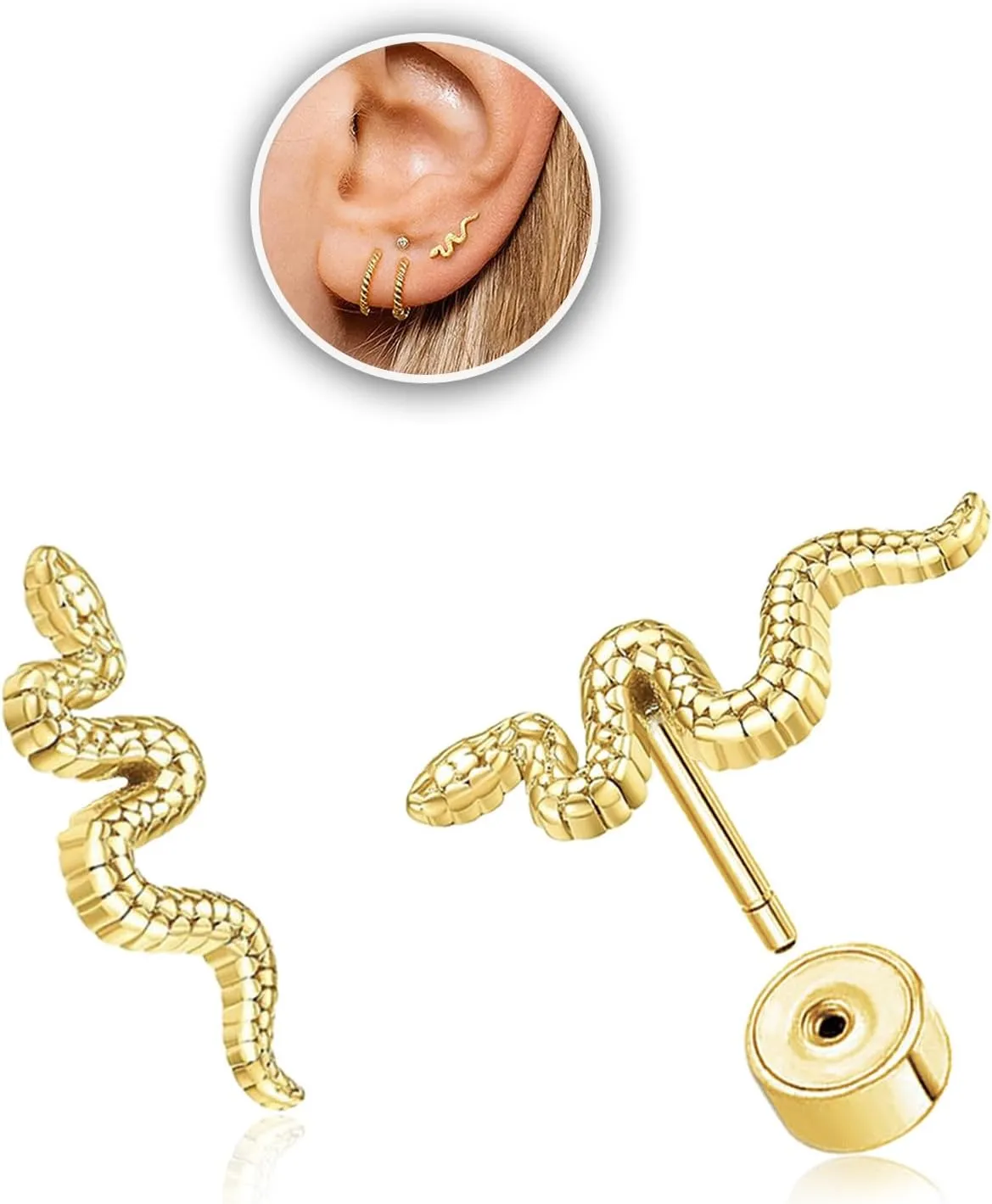 1Pair Gold Threadless Flat Back Snake Stud Earrings Push-in Design 316L Stainless Steel Hypoallergenic Tiny Stud Earrings Can Be Used for Cartilage/Tragus/Helix Piercing Jewelry