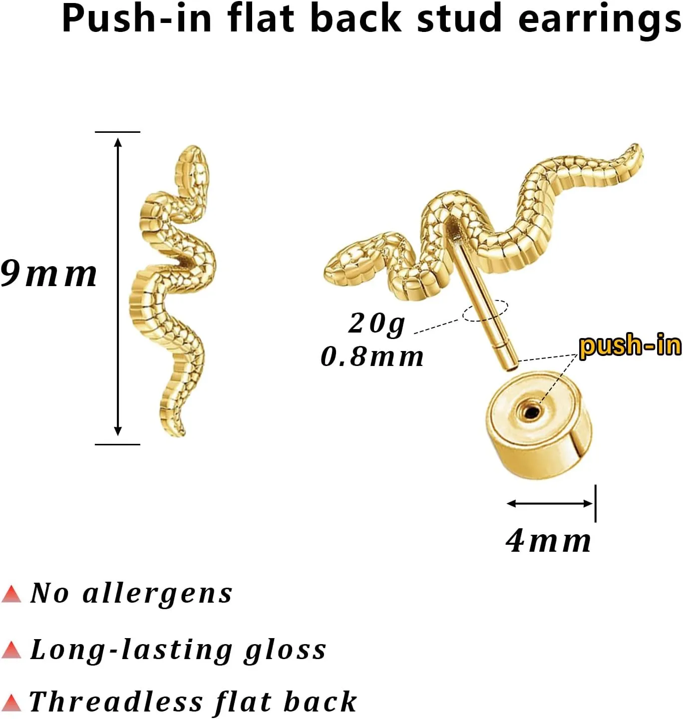 1Pair Gold Threadless Flat Back Snake Stud Earrings Push-in Design 316L Stainless Steel Hypoallergenic Tiny Stud Earrings Can Be Used for Cartilage/Tragus/Helix Piercing Jewelry