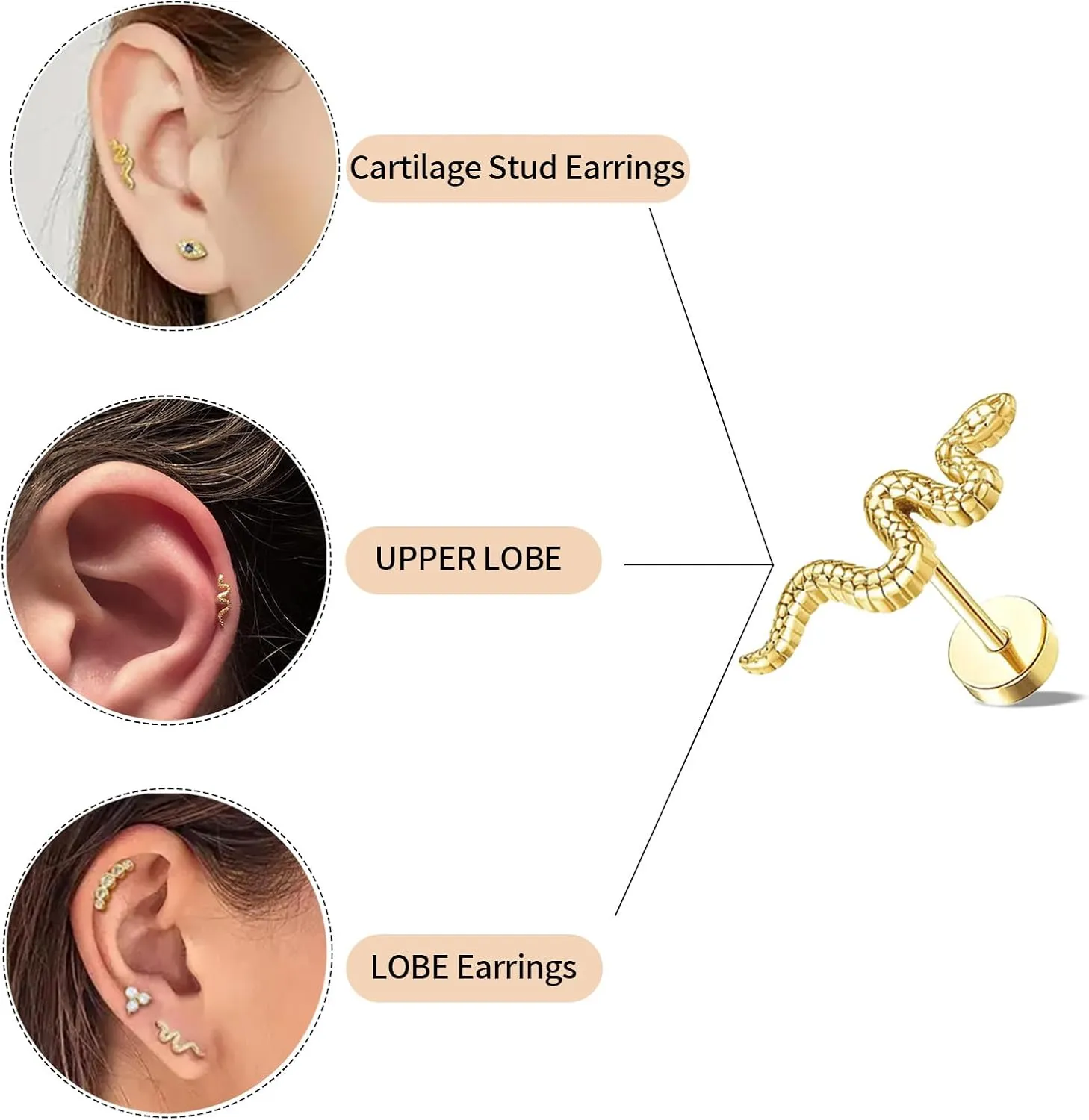 1Pair Gold Threadless Flat Back Snake Stud Earrings Push-in Design 316L Stainless Steel Hypoallergenic Tiny Stud Earrings Can Be Used for Cartilage/Tragus/Helix Piercing Jewelry