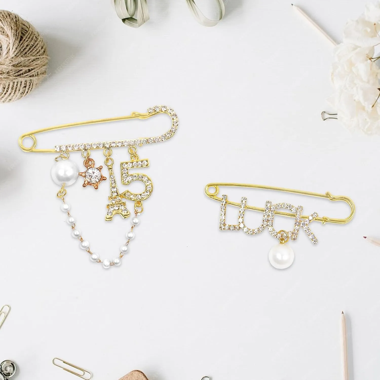 2 Pcs Vintage Number 5 Lapel Pins and Fashion Chain Brooch Imitating Rhinestone Crystal Brooch Pin
