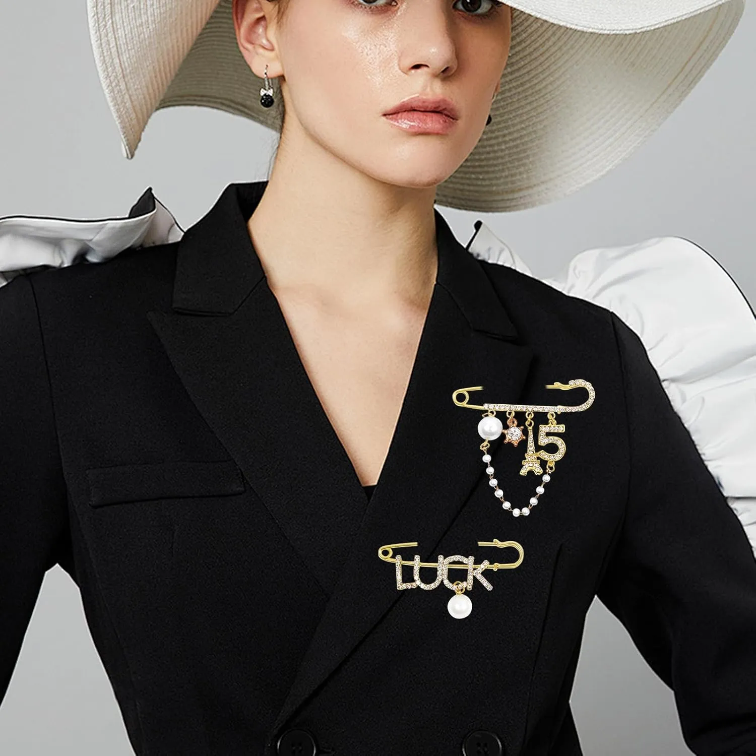 2 Pcs Vintage Number 5 Lapel Pins and Fashion Chain Brooch Imitating Rhinestone Crystal Brooch Pin