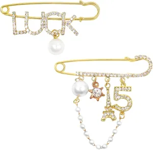 2 Pcs Vintage Number 5 Lapel Pins and Fashion Chain Brooch Imitating Rhinestone Crystal Brooch Pin