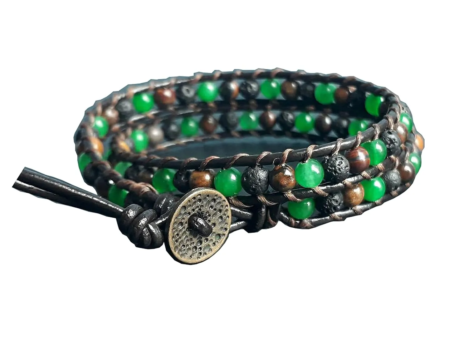 2 Wrap lava green jade tiger eye stone beaded leather bracelets for men and women friendship bracelets gift bracelets