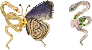 2Pcs Butterfly Brooch Snake Brooch Set, Women's Butterfly Large Pin, Vintage Fashion Animal Badge for Ladies Wedding Bridesmaid Birthday Party (Set of 2)