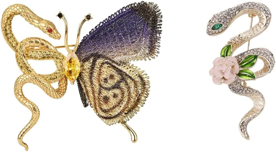 2Pcs Butterfly Brooch Snake Brooch Set, Women's Butterfly Large Pin, Vintage Fashion Animal Badge for Ladies Wedding Bridesmaid Birthday Party (Set of 2)