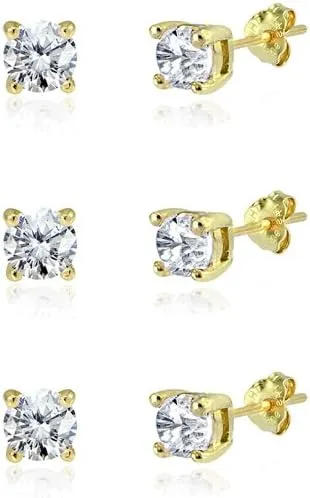 3-Pair Set Sterling Silver Cubic Zirconia 6mm Round Stud Earrings