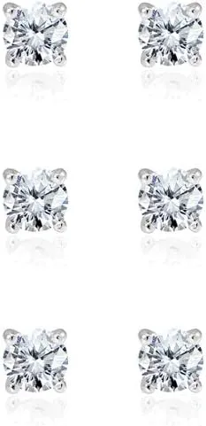 3-Pair Set Sterling Silver Cubic Zirconia 6mm Round Stud Earrings