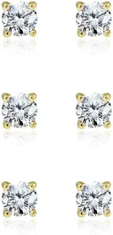 3-Pair Set Sterling Silver Cubic Zirconia 6mm Round Stud Earrings