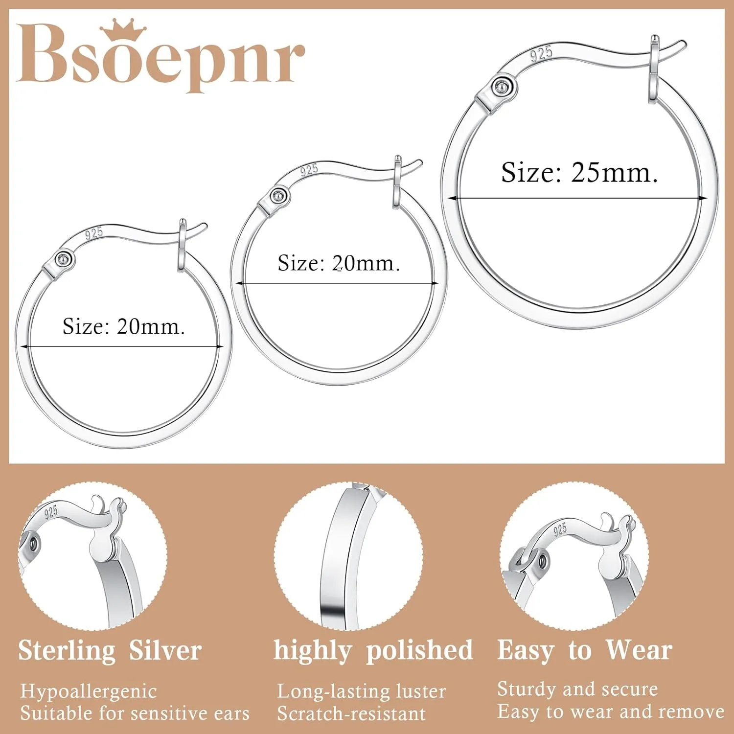 3 Pairs 925 Sterling Silver Hoop Earrings for Women 14K White Gold Plated Hypoallergenic Small Silver Hoop Earrings for Women Men 13/15/20mm