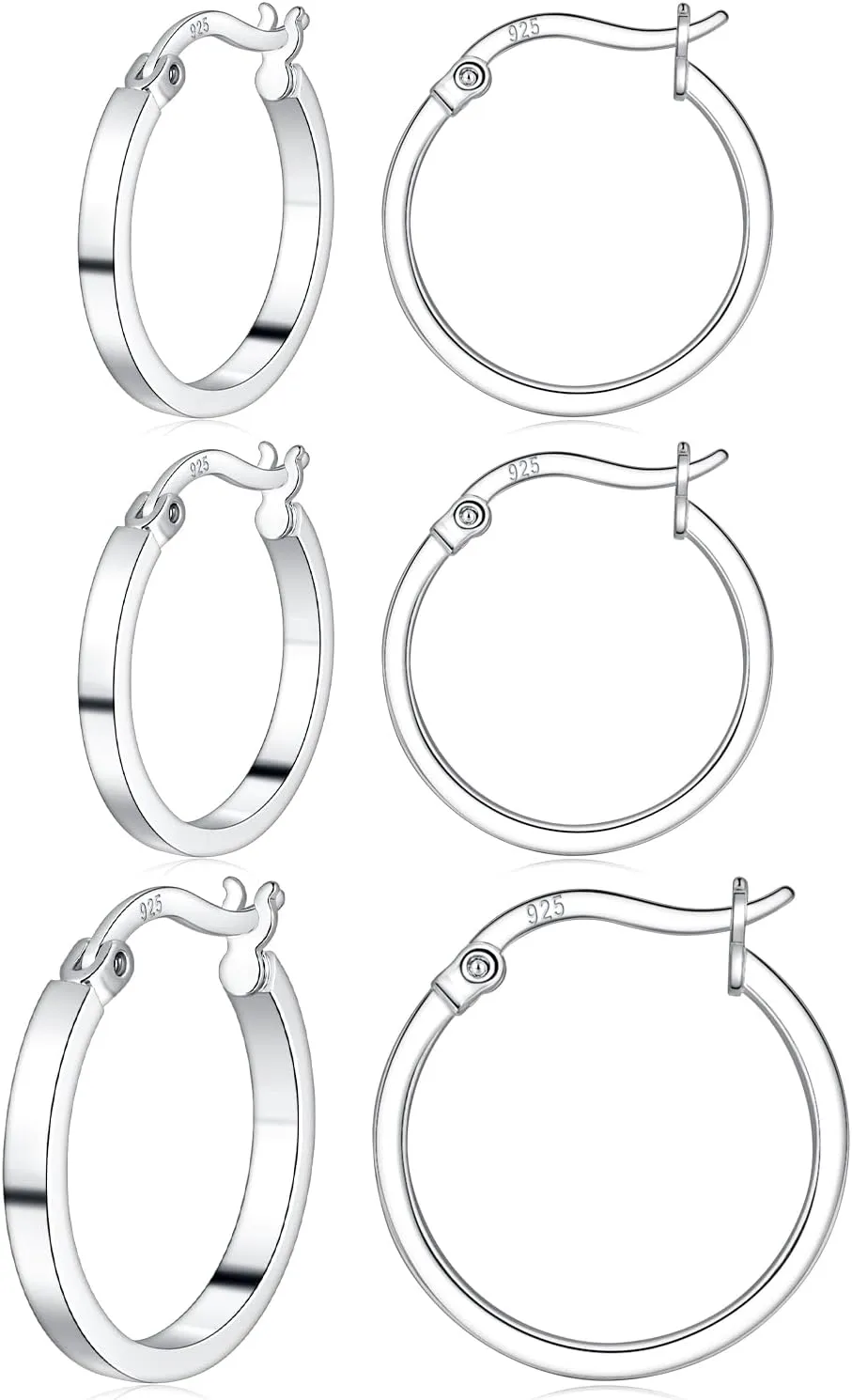 3 Pairs 925 Sterling Silver Hoop Earrings for Women 14K White Gold Plated Hypoallergenic Small Silver Hoop Earrings for Women Men 13/15/20mm