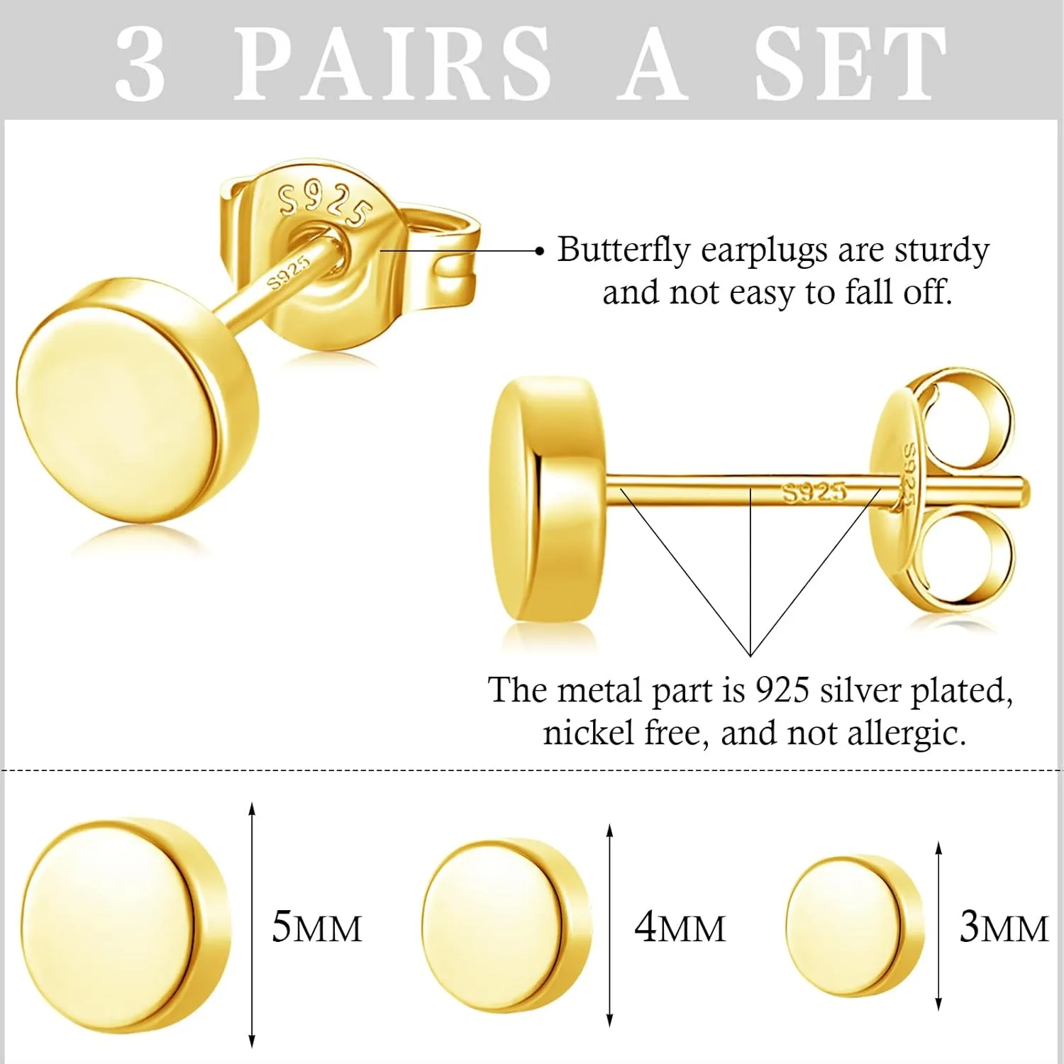 3 Pairs 925 Sterling Silver Stud Earrings for Women Tiny Cartilage Stud Earrings14K White Gold Plated Dainty Small Studs Earrings Set Round Earrings Hypoallergenic Earrings for Women Men