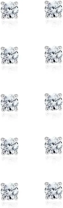 5-Pair Set Sterling Silver Cubic Zirconia 4mm Round Stud Earrings