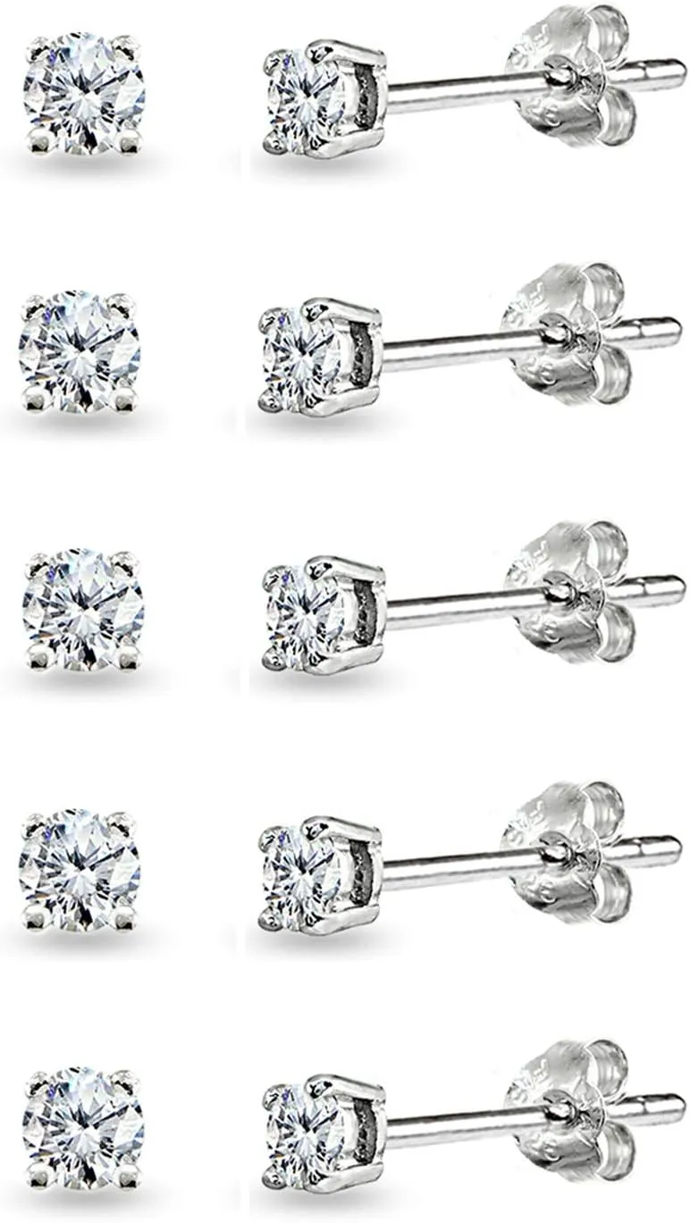 5-Pair Set Sterling Silver Cubic Zirconia 4mm Round Stud Earrings