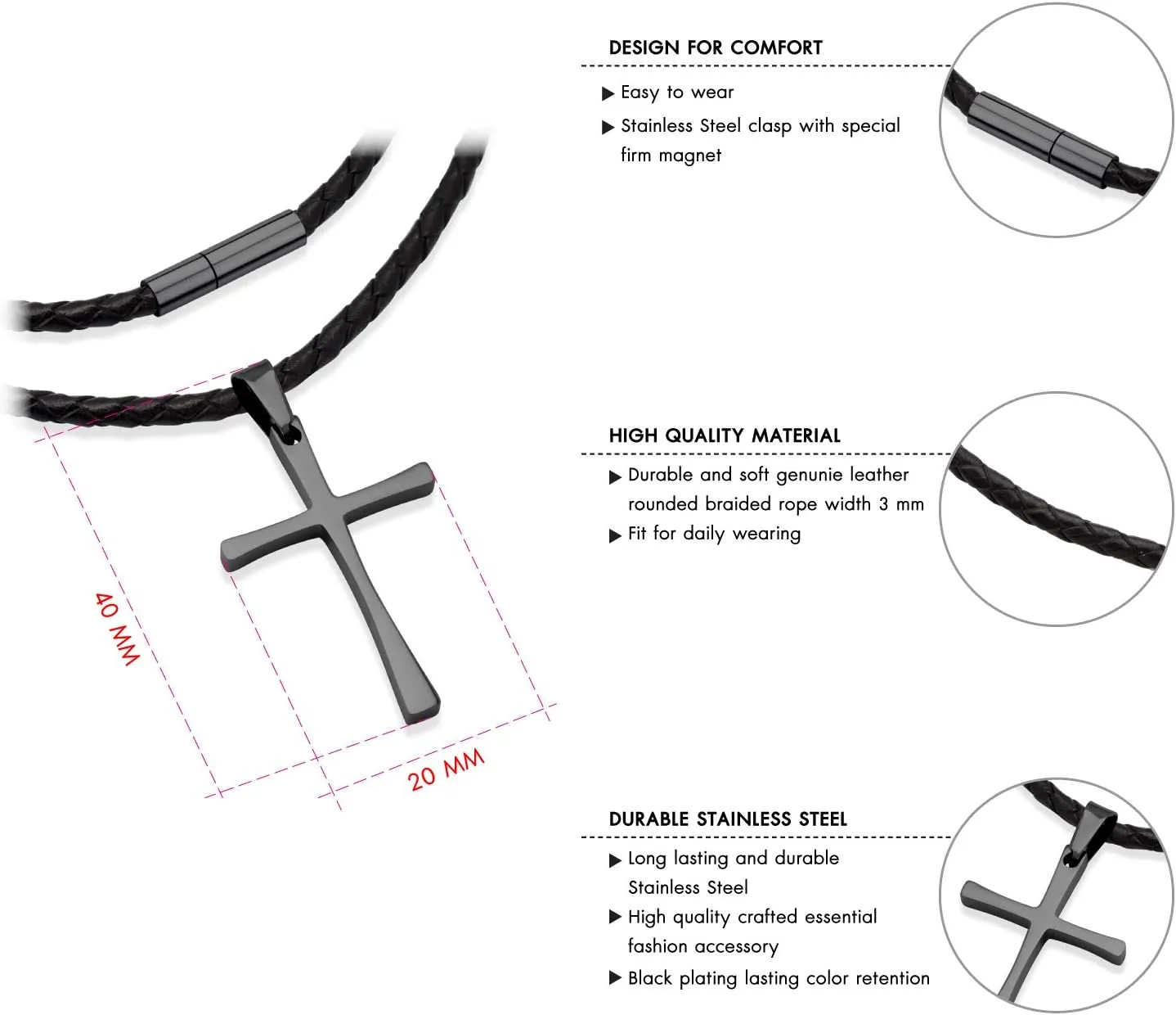 555Jewelry Stainless Steel Cross Braided Rope Cord Necklace For Men Women 18-24'' Inches