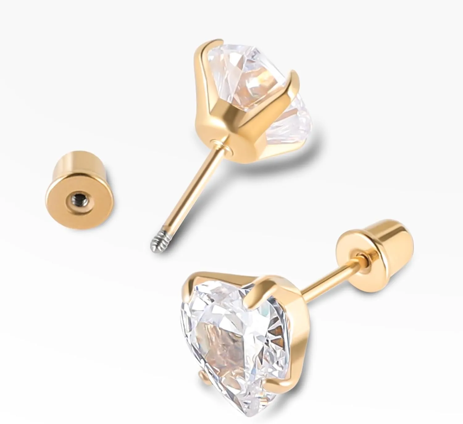 6 Pairs Surgical Stainless Steel Screw back Stud Earrings, 18K Gold Plated Heart Star Square Princess Cut Round Cubic Zirconia CZ Stud Earrings Set