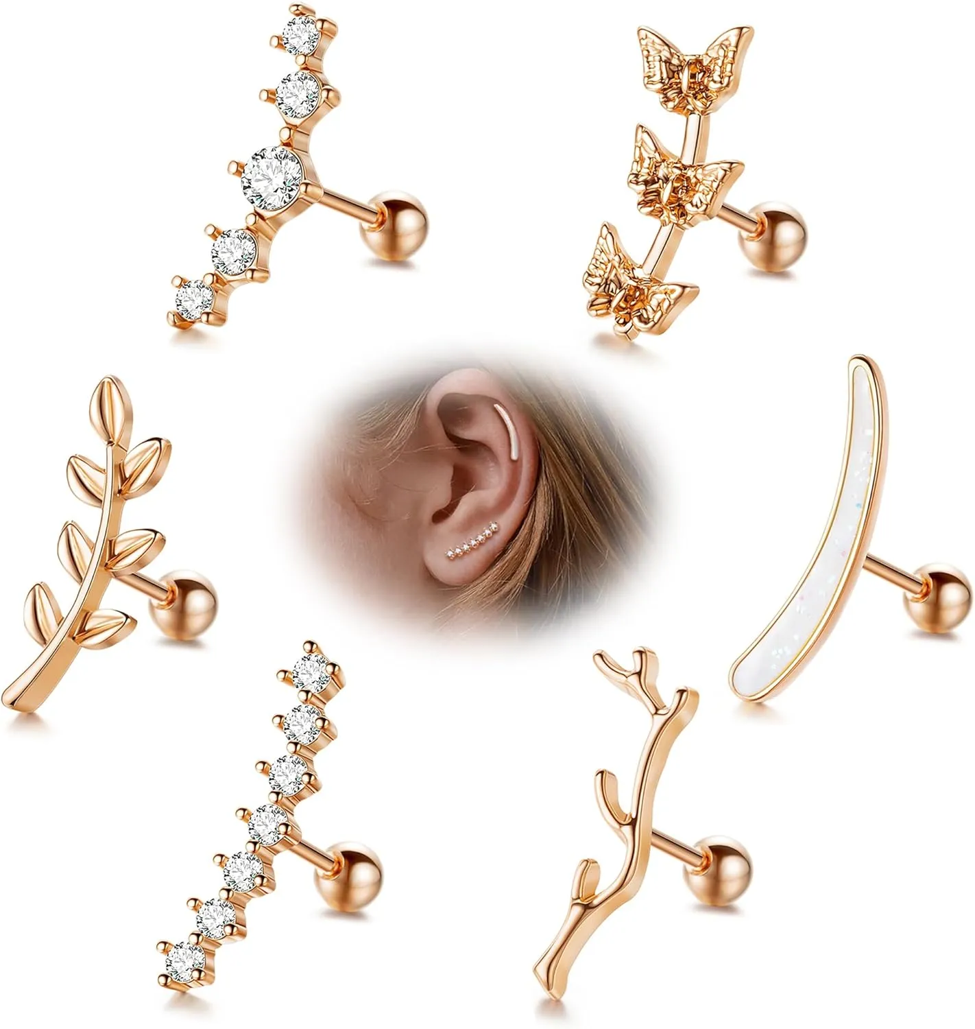 6Pcs 16G 316L Stainless Steel Cartilage Earring Stud for Women Helix Earrings Stud Piercing Jewelry