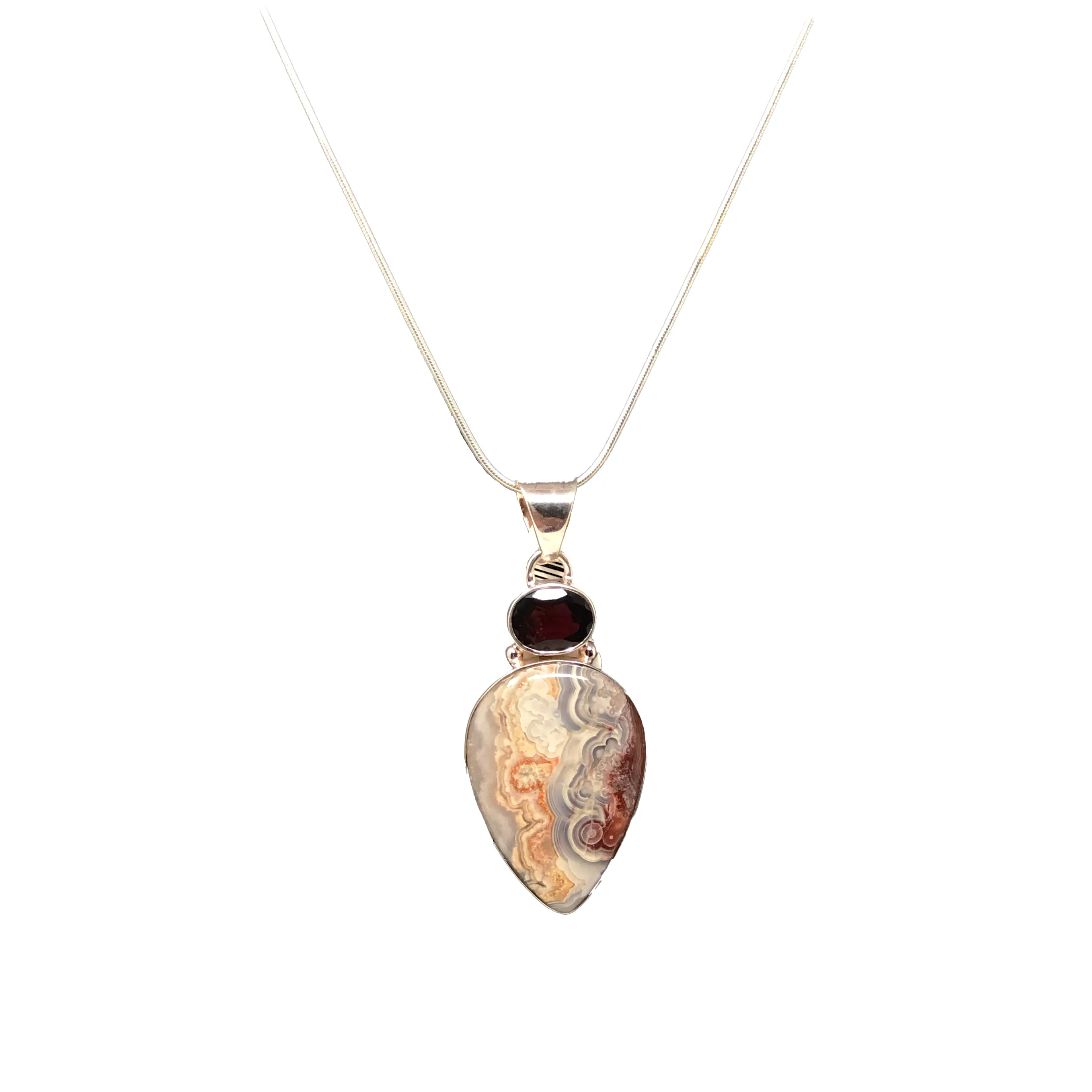 925 Silver Crazy Lace Agate and Garnet Sterling Pendant