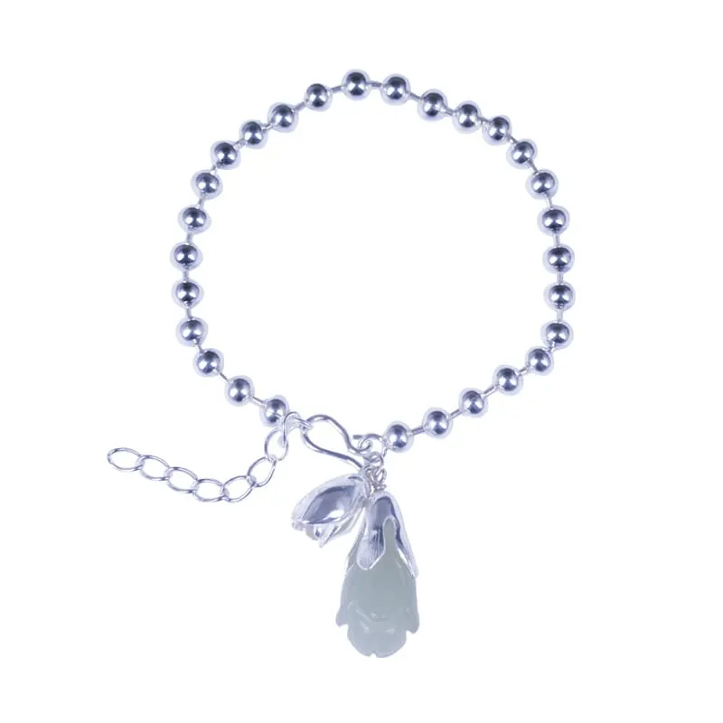 925 Sterling Silver Beaded Bracelet for Women, Vintage Beads Bracelet with Natural 5A Hetian Flower Shaped Jade Pendant, Cuff Bracelet Jewelry Gift for Women Girls