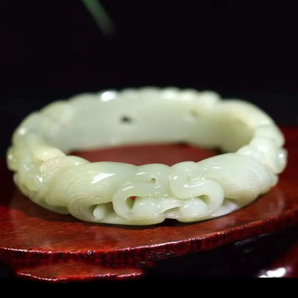 AAGAZA Jade Bangle Hand-Carved Hollow Azure Color Jade-Bracelet Handring /1778