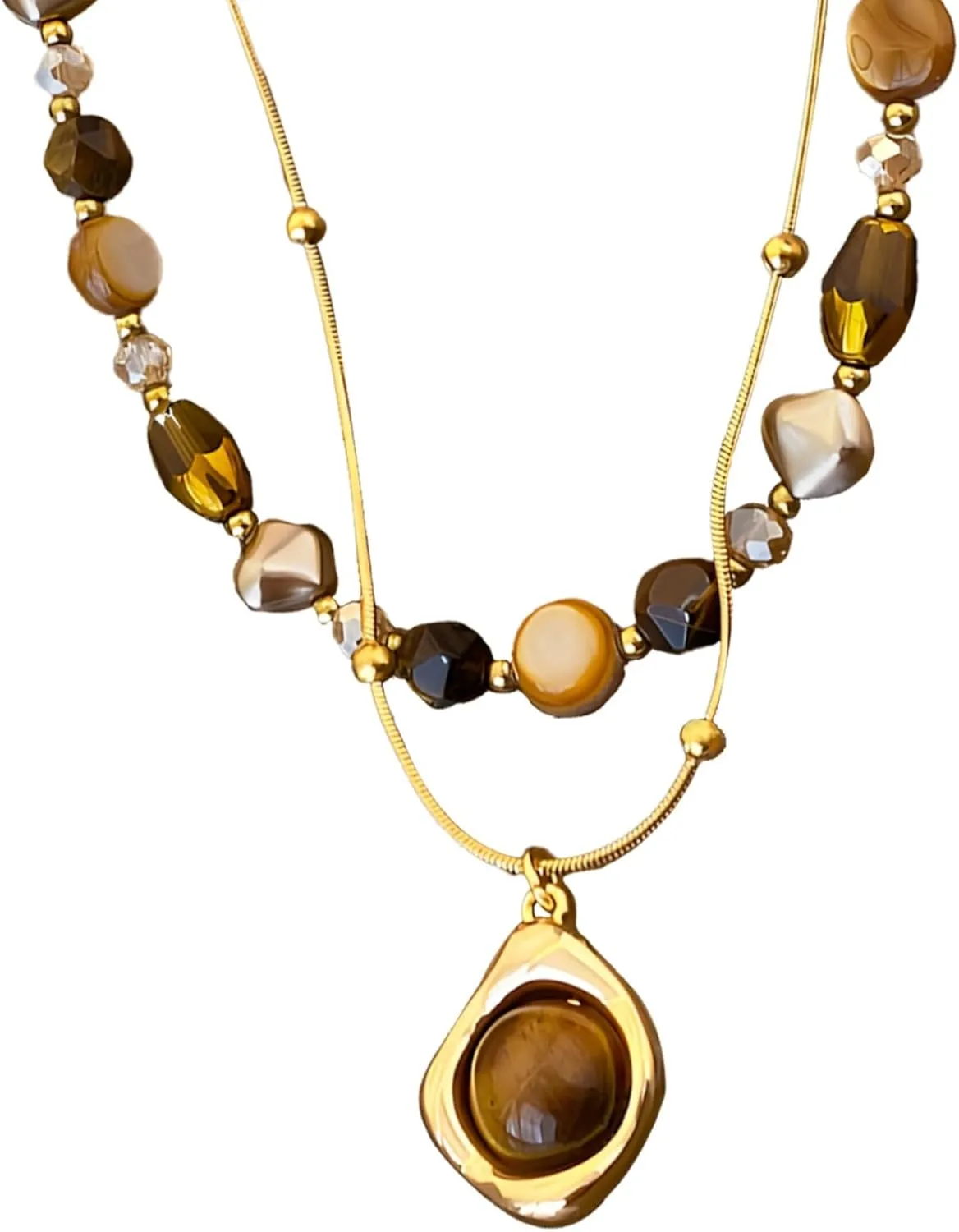 Adjustable 2-Piece Eye Necklace Set, Cuban Link Gold Chain, Vintage Layered Necklaces With Gemstone Pendants, 18.50 & 18.90