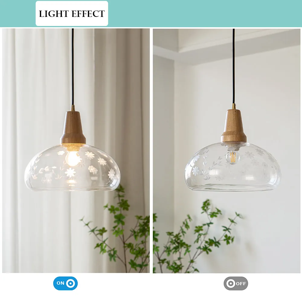 Aeyee Rustic Carved Glass Pendant Lighting Handmade Wood Hanging Light Fixture, Art Deco Flower Ceiling Pendant Light for Kitchen Island
