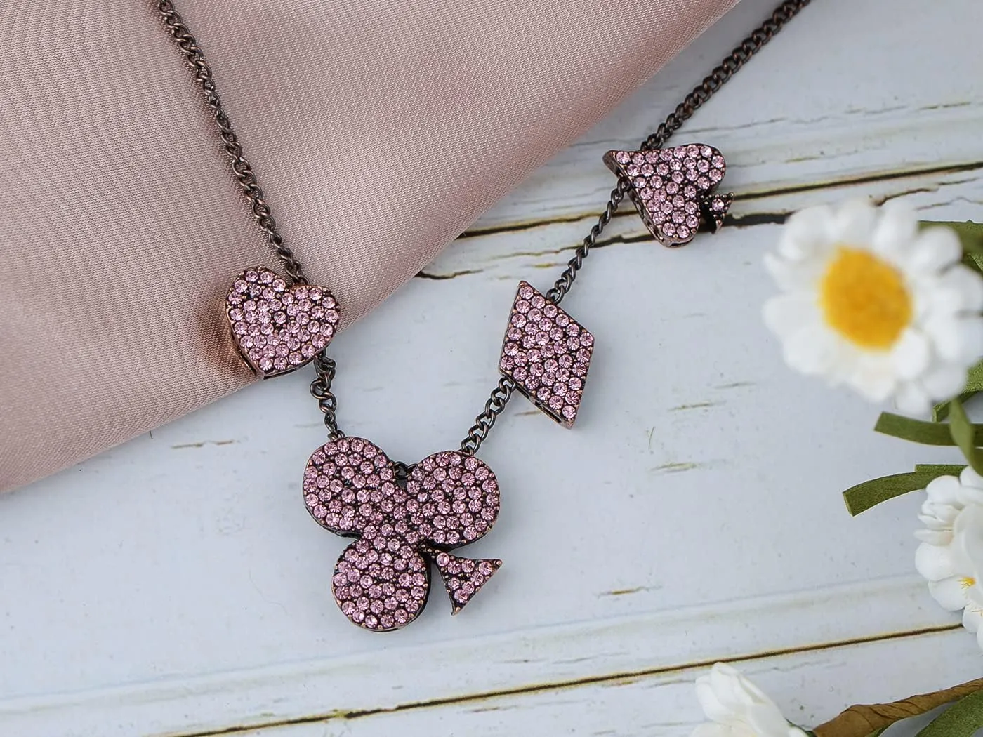 Alilang Vegas 4 Suits Gamblers Luck Lucky Casino Crystal Rhinestones Moveable Pendant Necklace