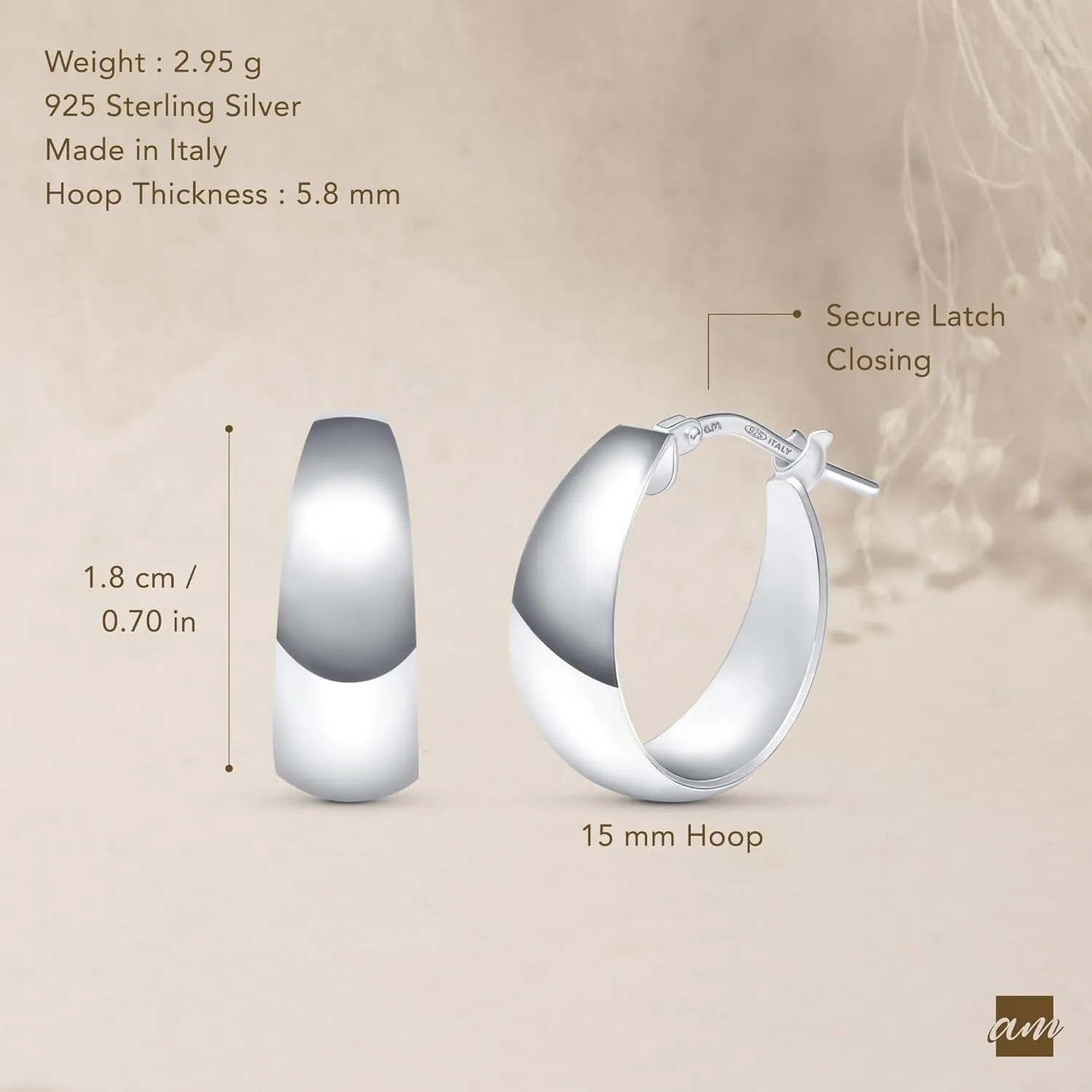 Amberta Women Handmade 925 Sterling Silver Chunky Hoop Earrings
