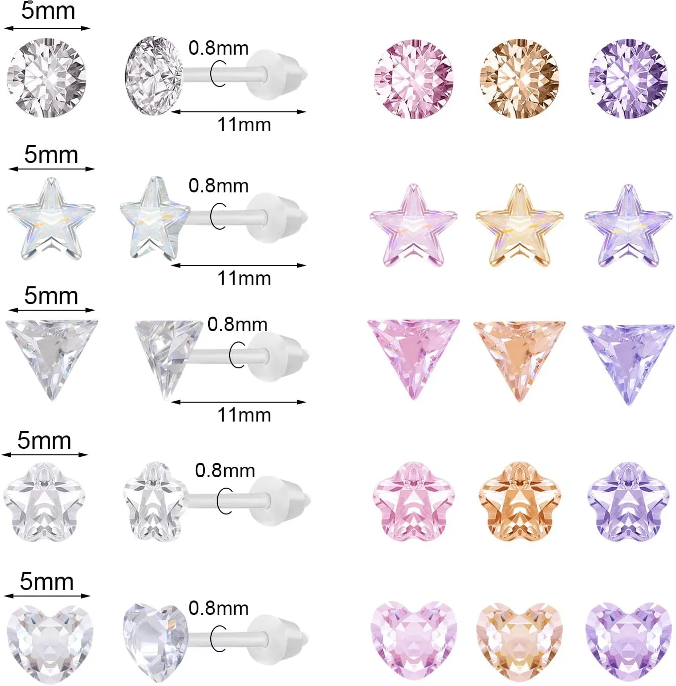 AoedeJ 40 Pcs Colorful Earrings Cubic Zirconia Earrings Studs Hypoallergenic With Plastic Post For Women Multipack