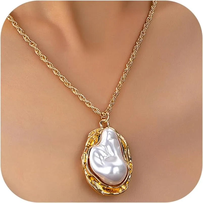 Baroque Pearl Layered Necklace for Women Gold Chunky Chain Long Necklaces Pearl Pendant Statement Necklace Personalized Trendy Christmas Birthday Party Wedding Charm Jewelry 